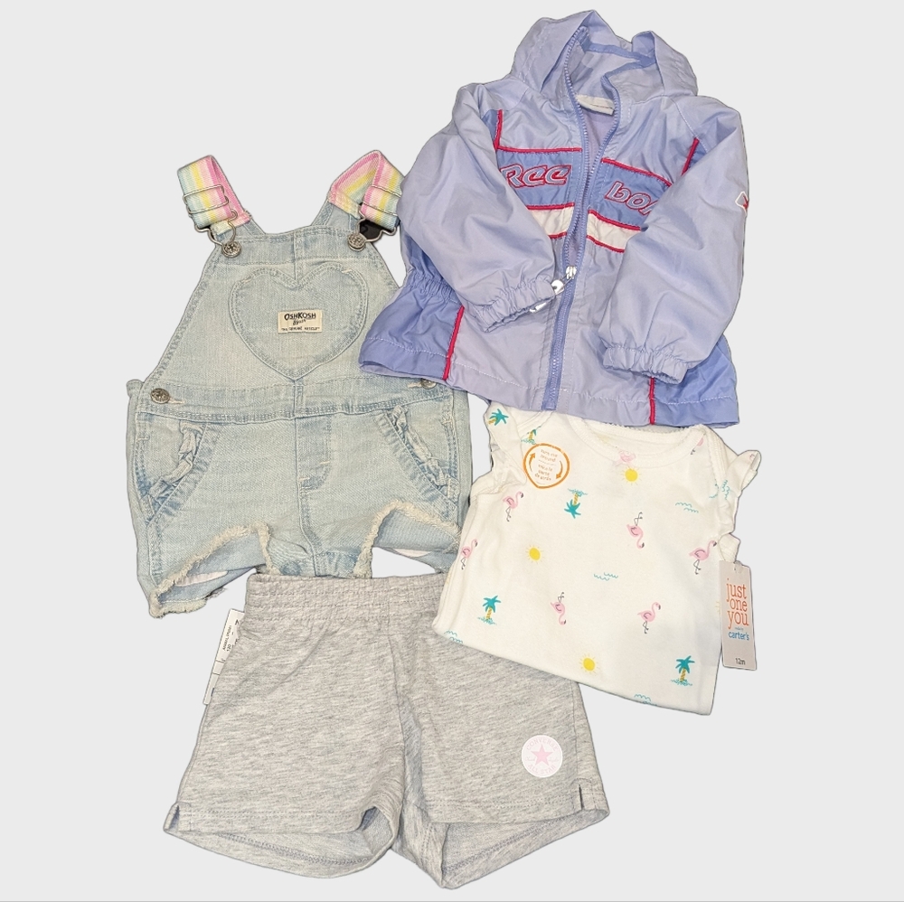 4 PC Lot 12 Months, Shortalls, Shorts, Bodysuit & Jacket (Reebok, Carter's, More